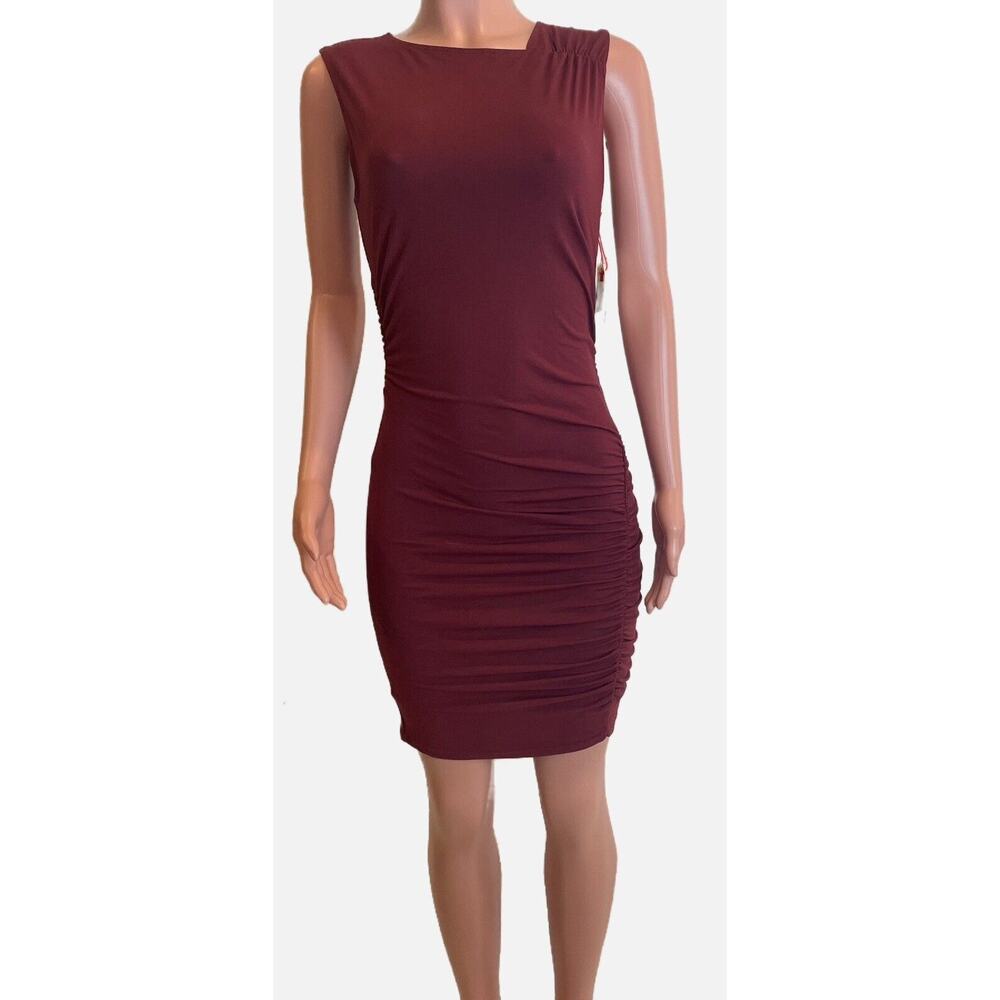 Open Edit Dress Womens XS Mini Burgundy Ruched Sheath Bodycon Stretch Sleeveless